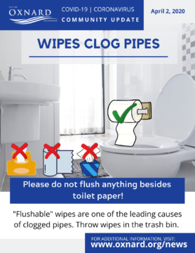 A poster about not flushing wipes down the toilet in English.