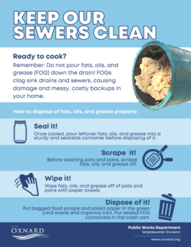 A poster about keeping our sewers clean by not pouring fats, oils or grease down the drain in English.