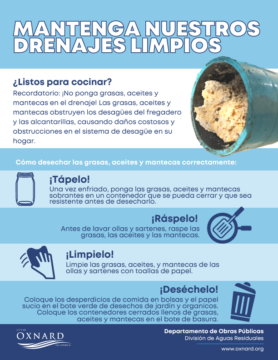 A poster about keeping our sewers clean by not pouring fats, oils or grease down the drain in Spanish.